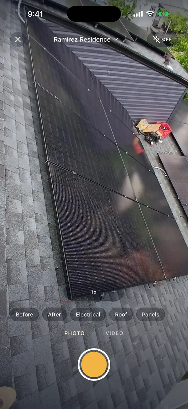 FieldPix camera on a roof job with tag buttons for Before, After, Electrical, Roof and Panels