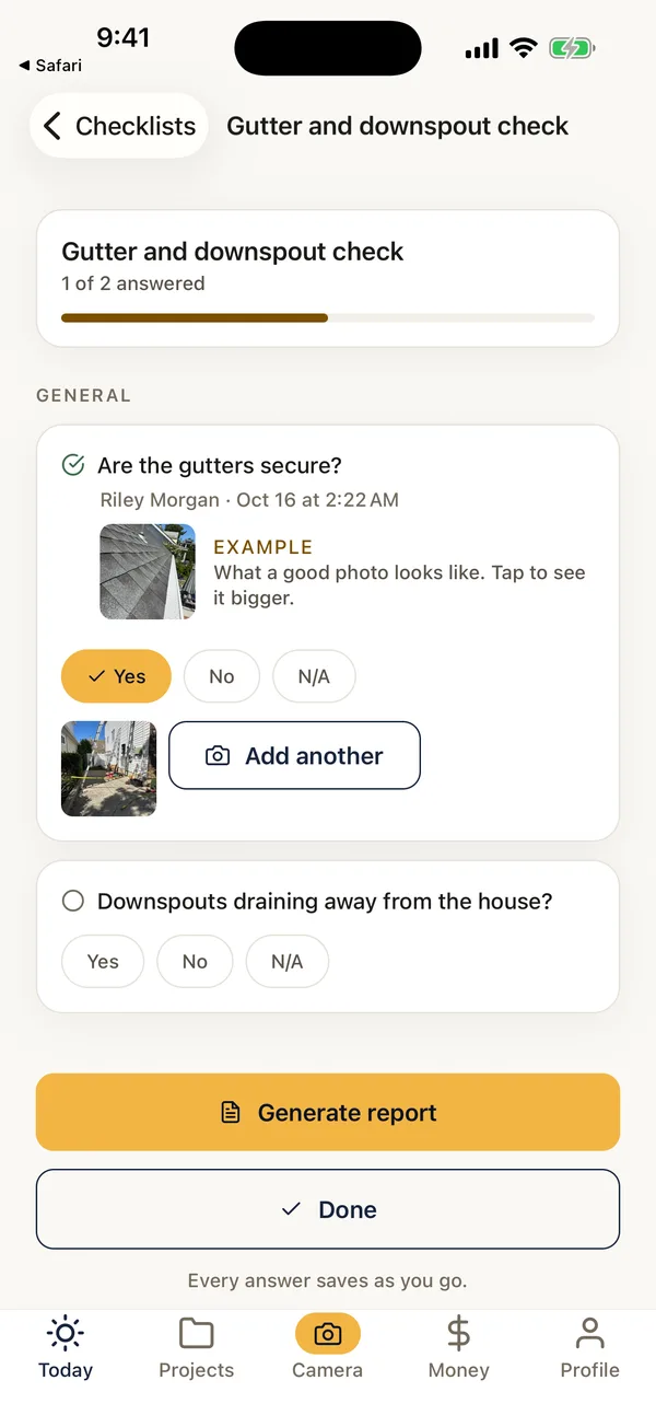A FieldPix checklist on a phone: a gutter question answered Yes with a photo, an example photo under the question, and a Generate report button