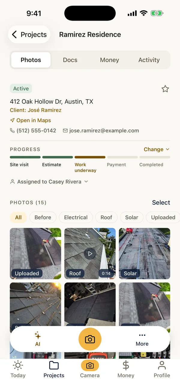 A FieldPix job on a phone: the job's details, progress and the day's photos filtered by tag