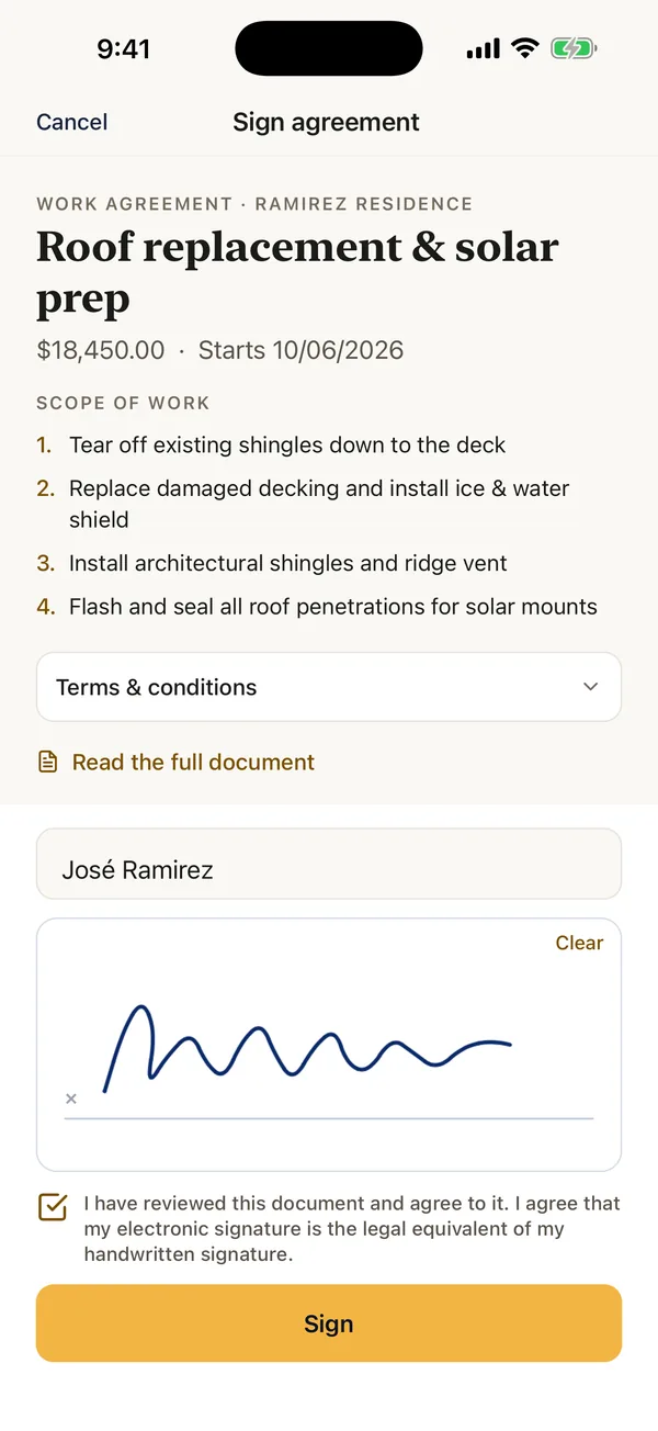 A client signing a work agreement on the phone: scope of work, price and signature