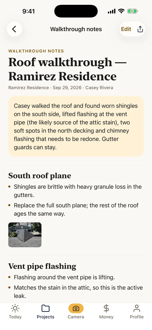 FieldPix walkthrough notes for a roof inspection