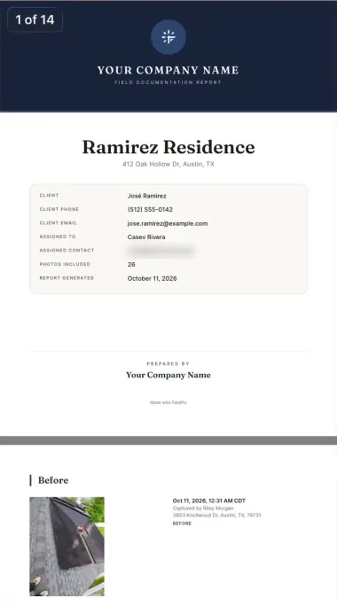 First pages of a FieldPix PDF report: a cover with the company name, the job address and the client, then stamped photos by section
