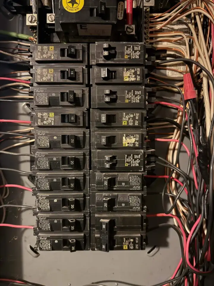Breakers in an open residential electrical panel